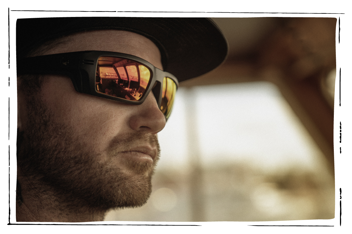 Model wearing the Rebar SE polarized sunglasses