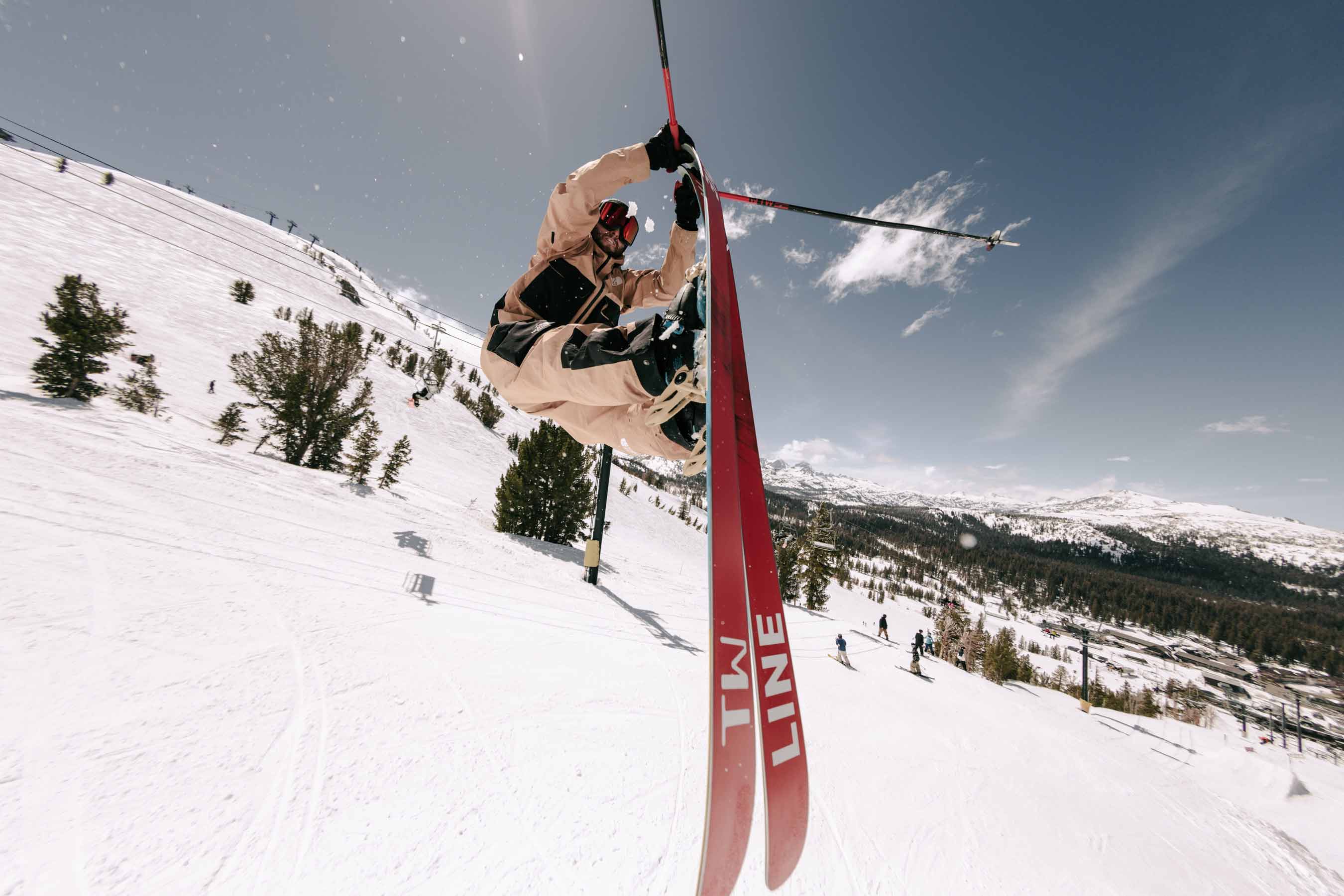 Tom Wallisch skiing in Mammoth wearing the Megalith Snow Goggle